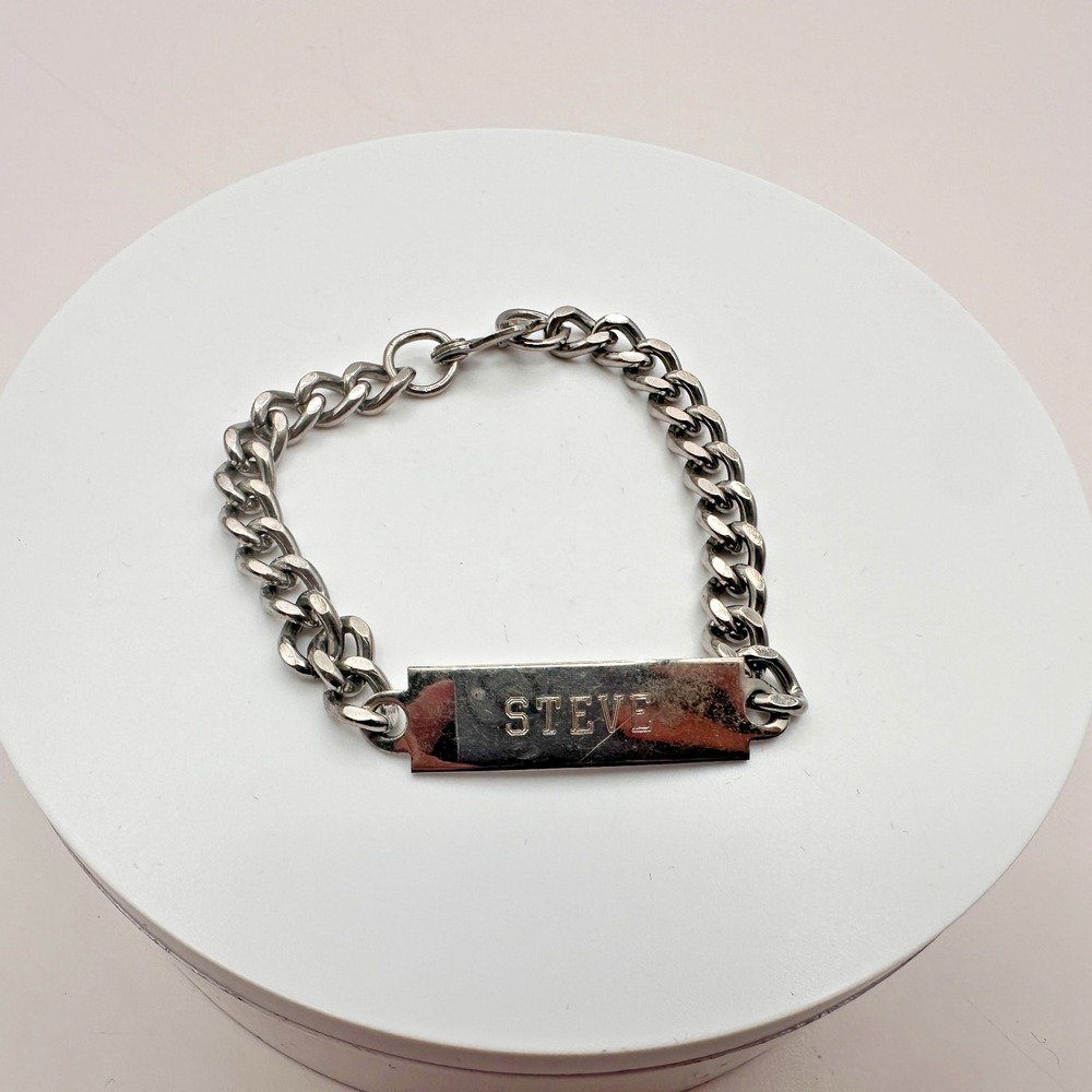 Vintage Y2K Curb Chain Steve Engraved ID Bracelet Silver Tone Jewelry